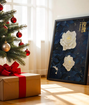 Elegant white roses on a celestial night background with deep blue leaves