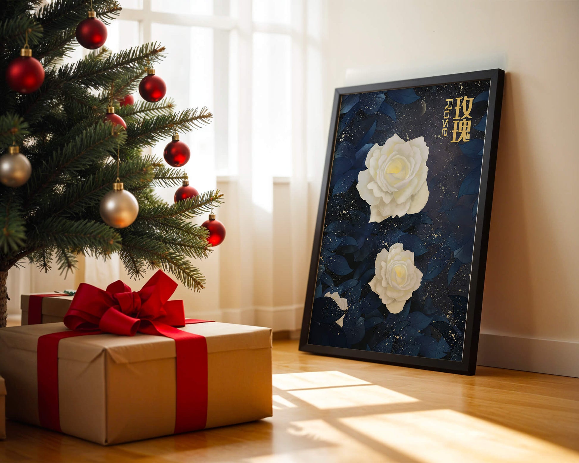 Elegant white roses on a celestial night background with deep blue leaves