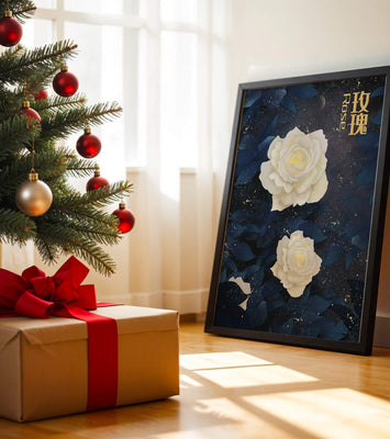 Elegant white roses on a celestial night background with deep blue leaves