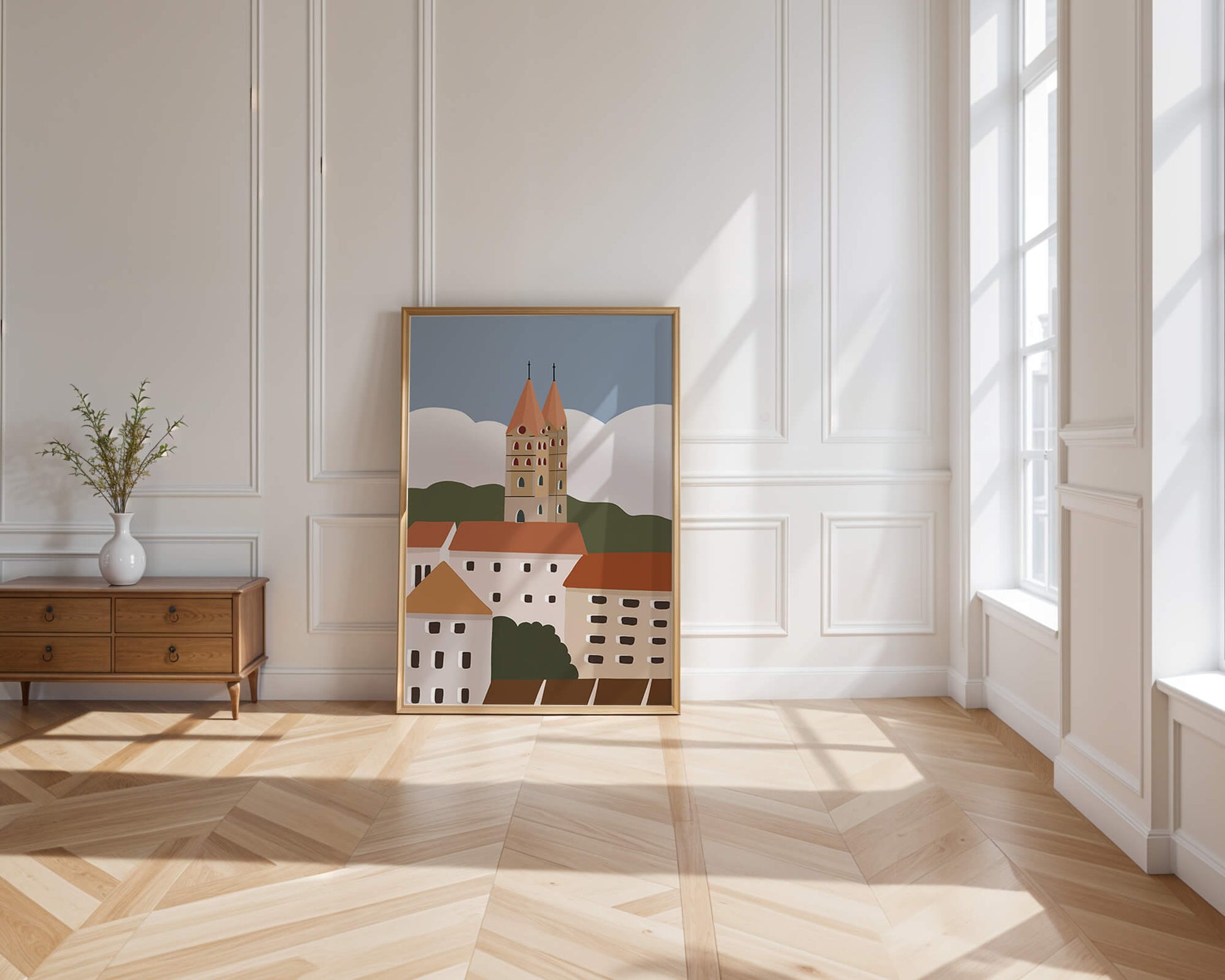 Charming European Cityscape with Church Towers and Colorful Buildings