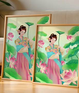 Traditional Asian woman in a garden surrounded by lotus flowers and green leaves
