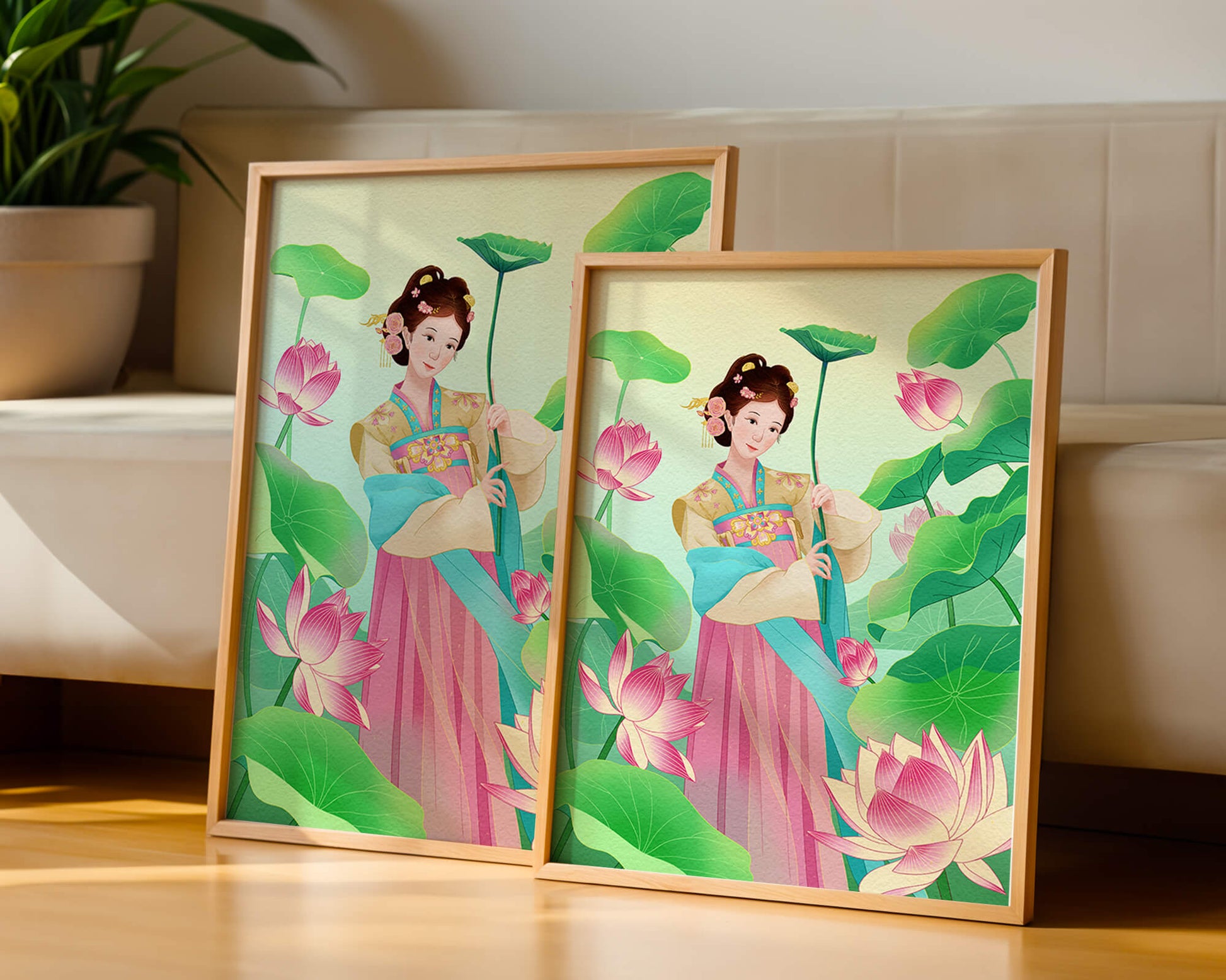 Traditional Asian woman in a garden surrounded by lotus flowers and green leaves