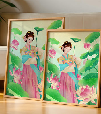 Traditional Asian woman in a garden surrounded by lotus flowers and green leaves