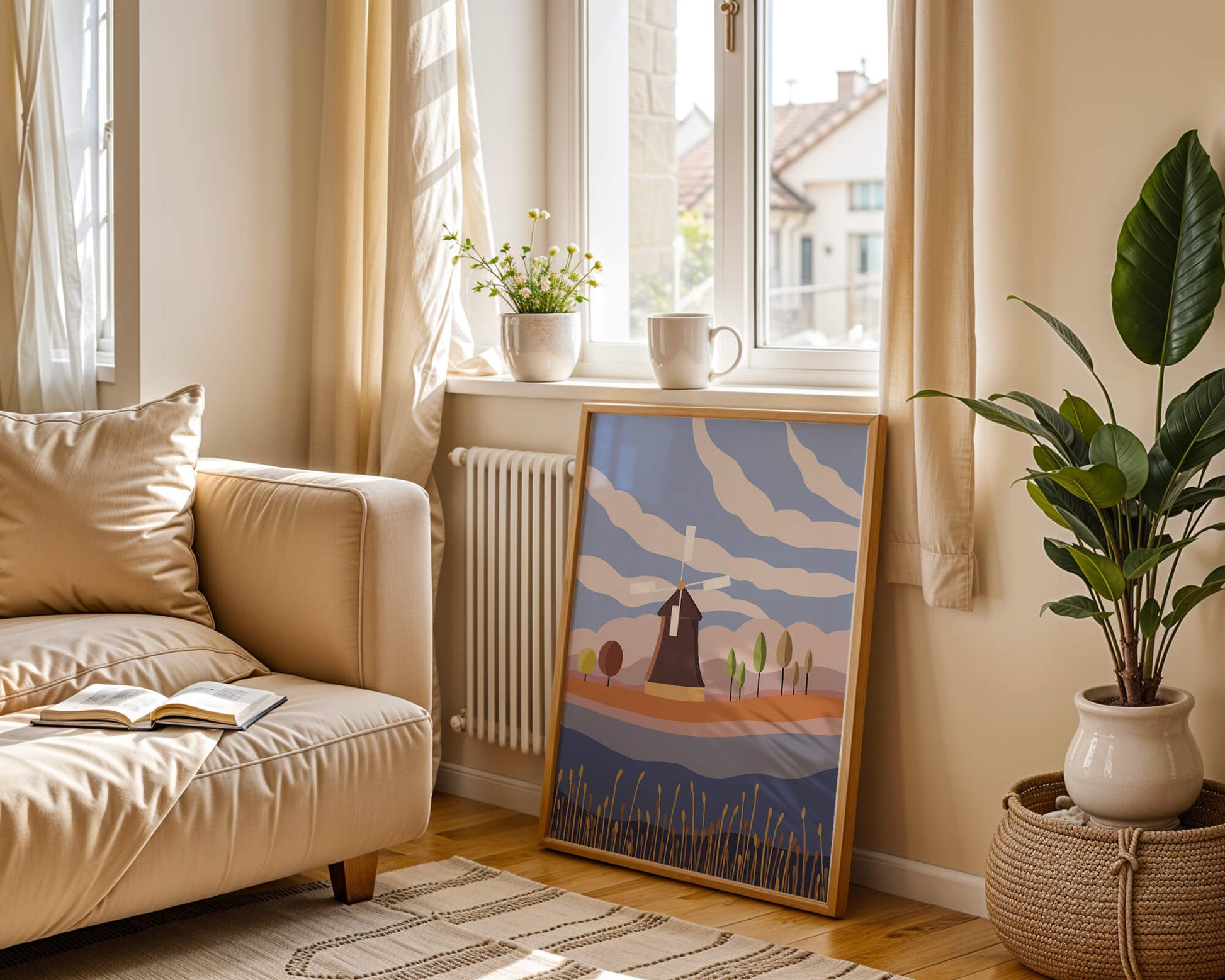 Colorful Landscape Featuring Windmill and Abstract Trees