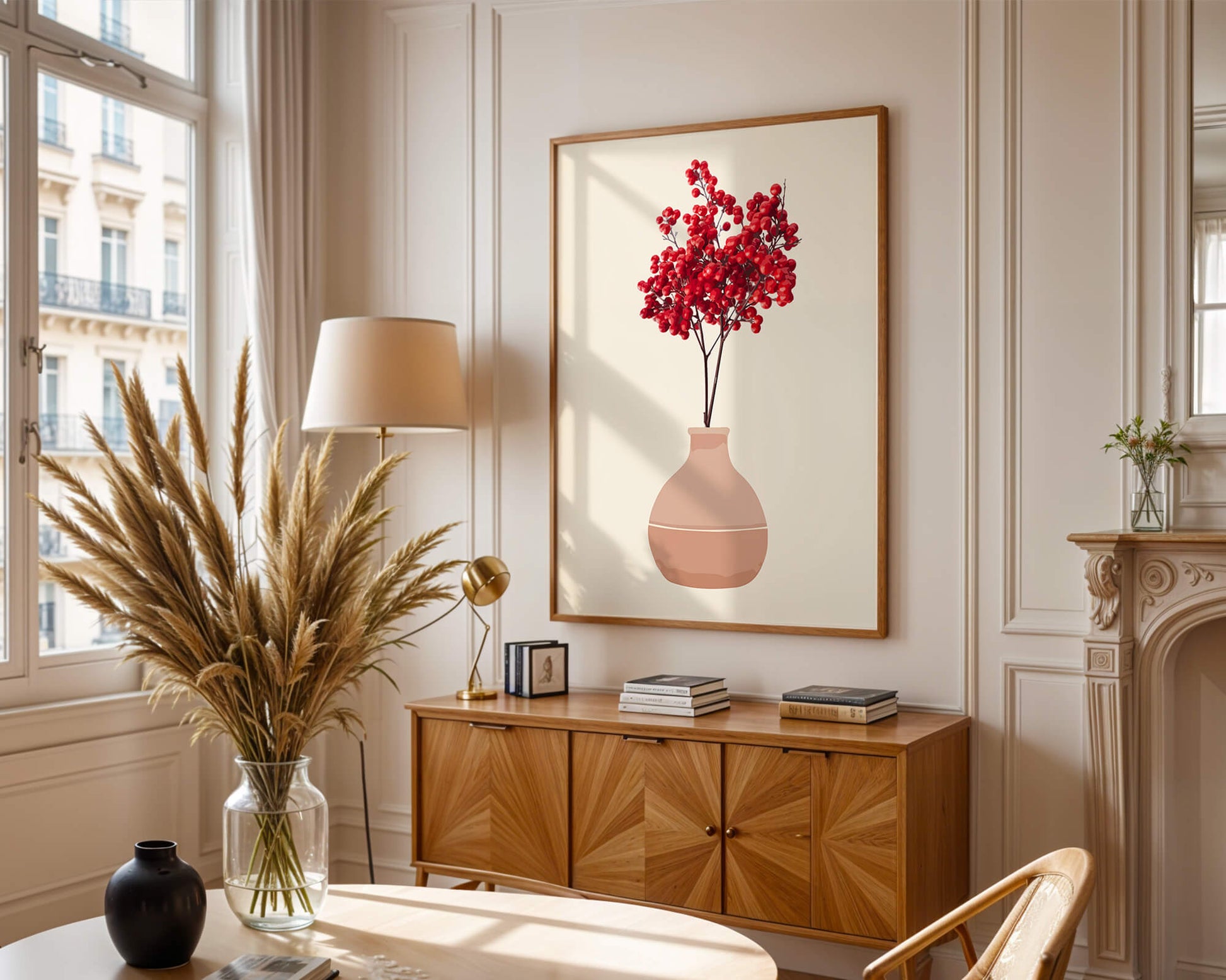 Red berries in minimalist clay vase on neutral background
