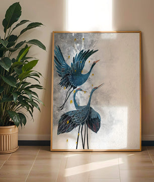 Elegante blaue Kraniche vor einem ruhigen abstrakten Hintergrund mit goldenen Akzenten