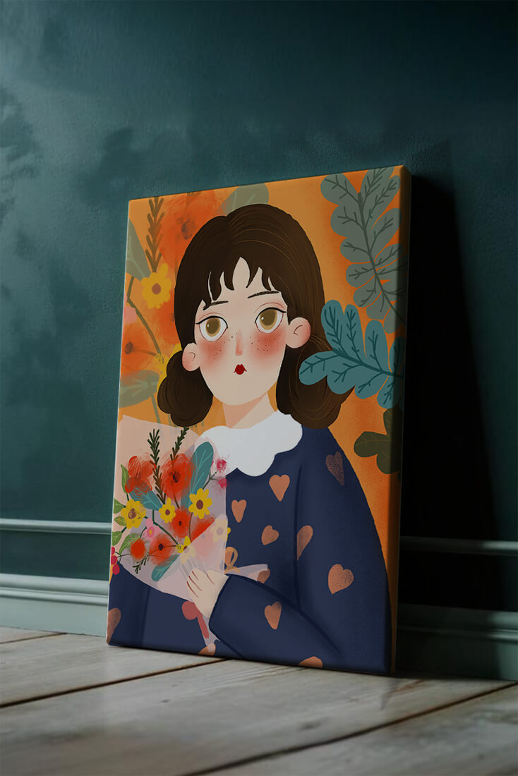 Ilustración colorida de una niña con flores rodeada de un fondo floral vibrante.