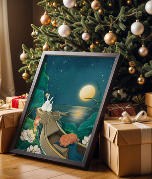 Ilustración serena de conejos contemplando una luna brillante sobre un lago tranquilo