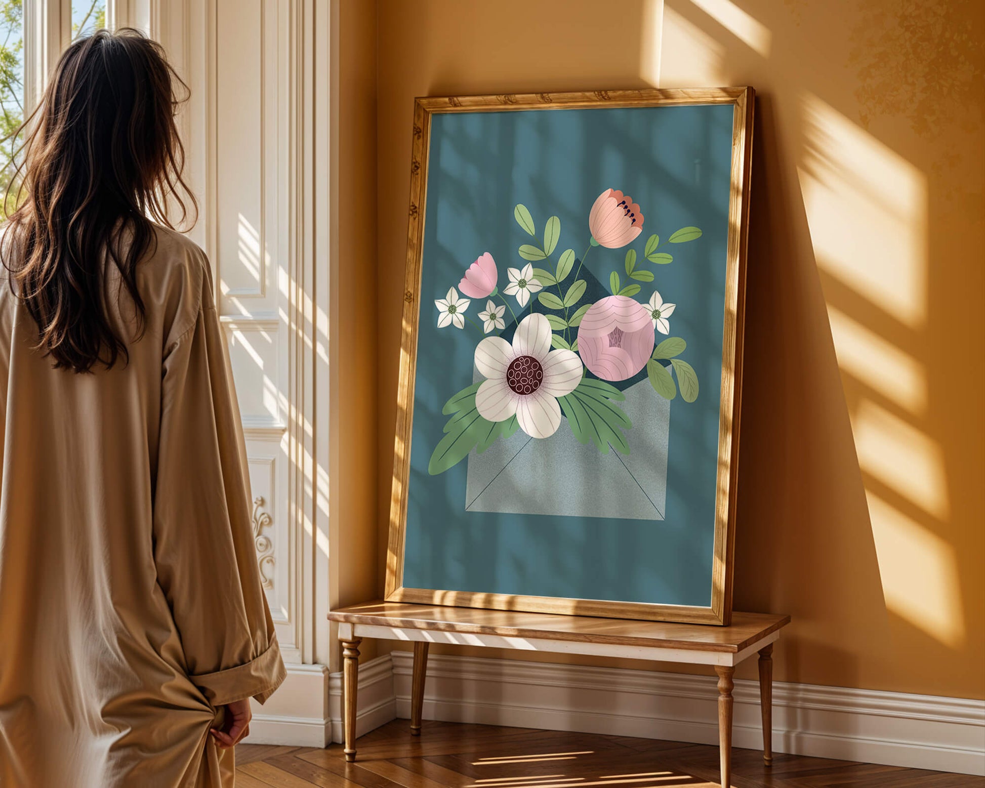 Bouquet floral illustré sortant d'une enveloppe sur un fond bleu sarcelle