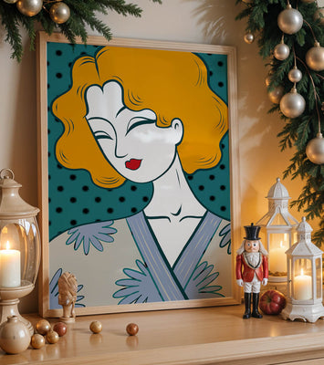 Stylized portrait of a woman with orange hair and floral kimono