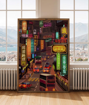 Vibrant urban street with neon signs and bustling traffic at night