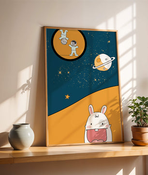 Playful Cartoon of Astronauts and Rabbit with Planet and Stars - Mi tienda