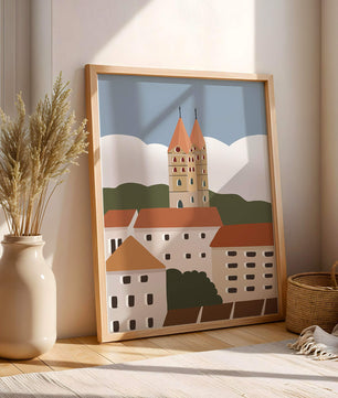 Ciudad europea encantadora con torres de iglesia y edificios coloridos