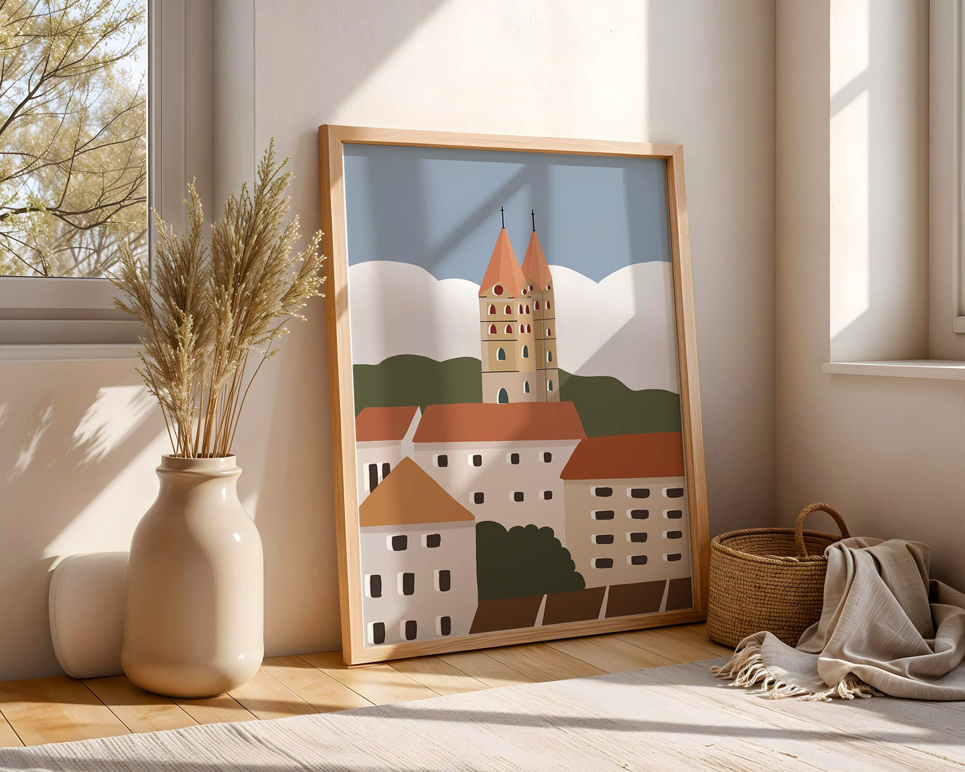 Charming European Cityscape with Church Towers and Colorful Buildings