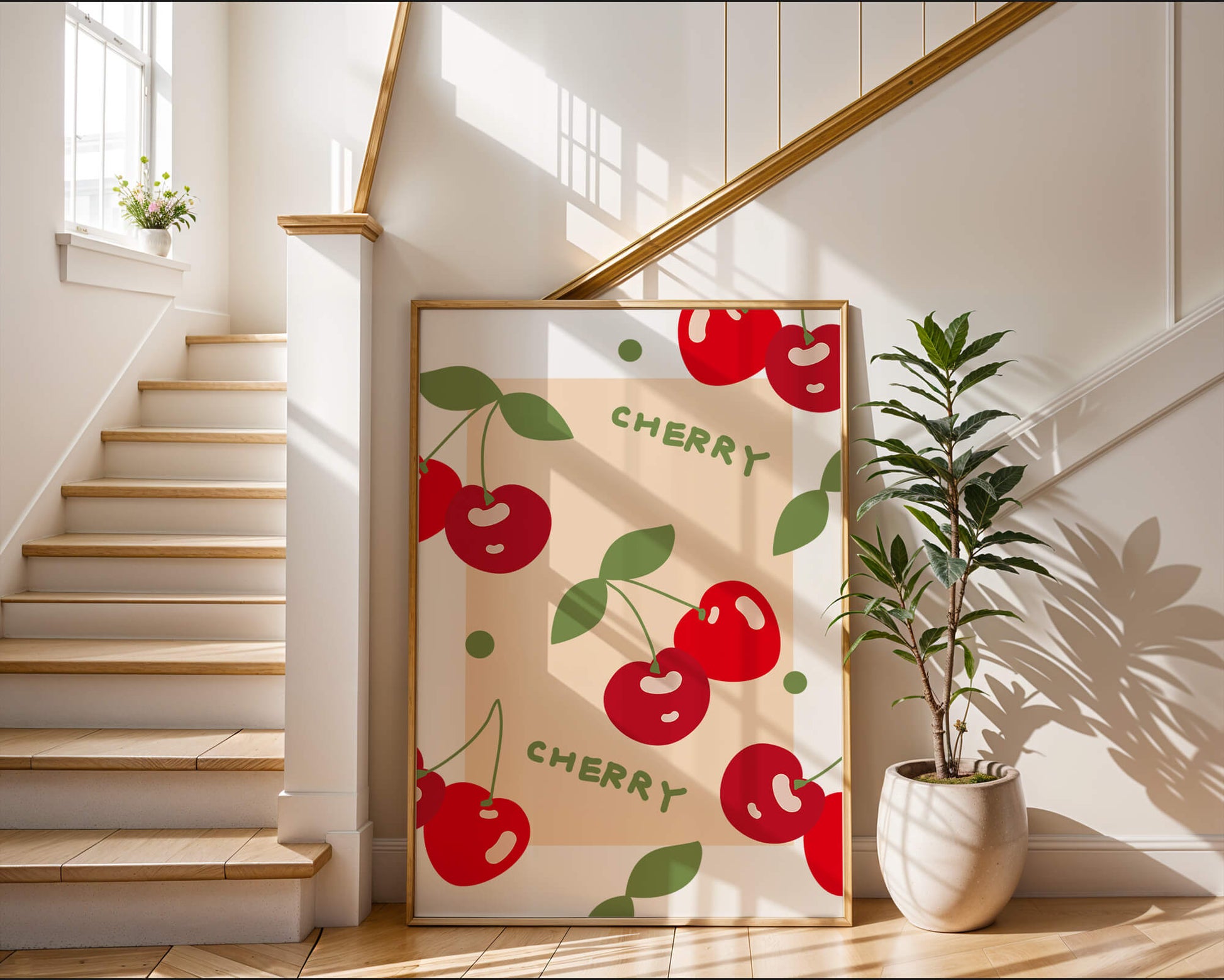 Cherry pattern on black background with green leaves