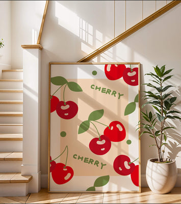 Cherry pattern on black background with green leaves