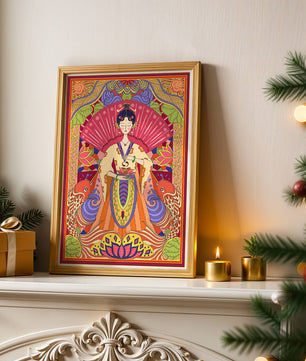 Ilustración oriental colorida con motivos de peces koi y loto