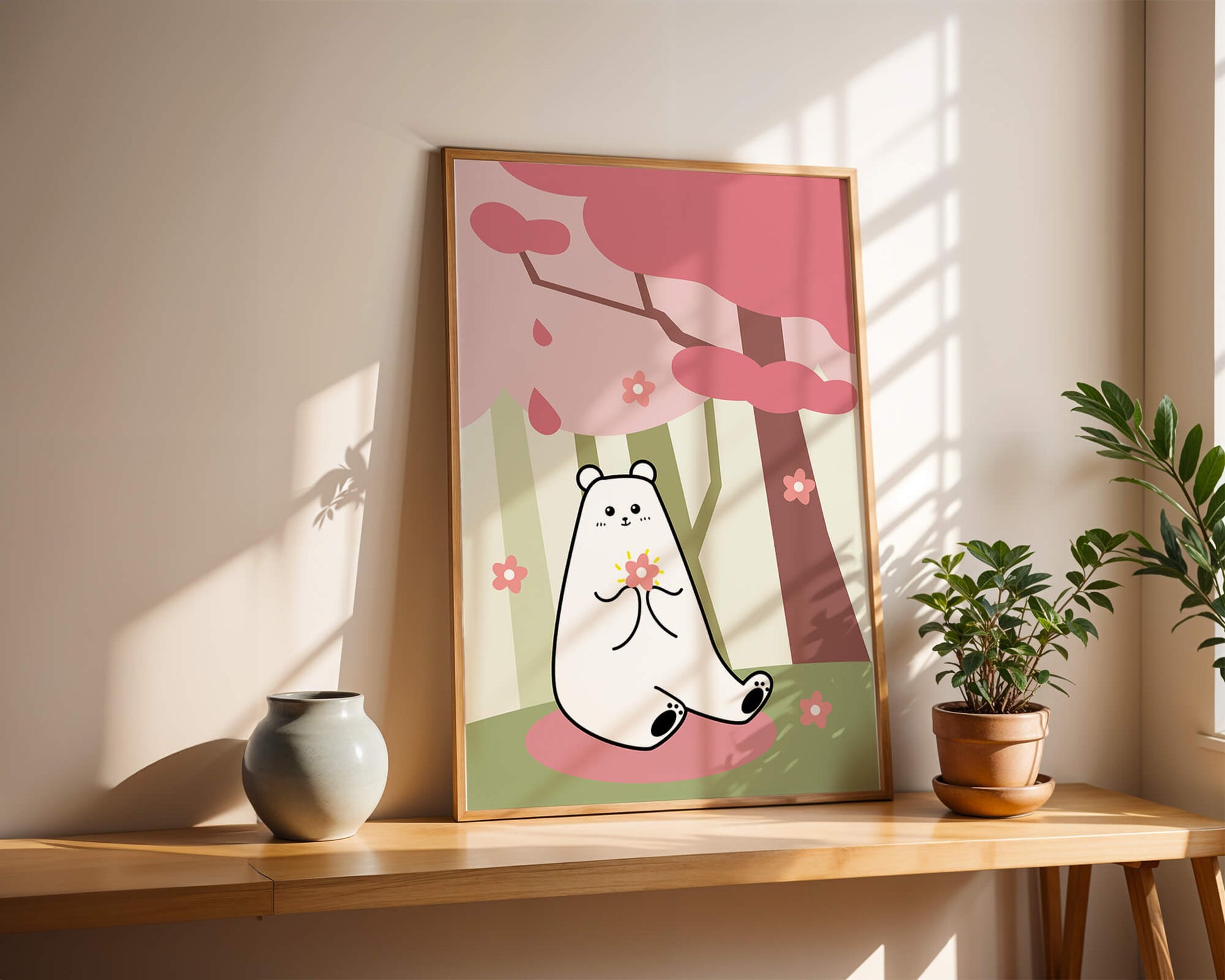 Charming bear holding flower under cherry blossom tree