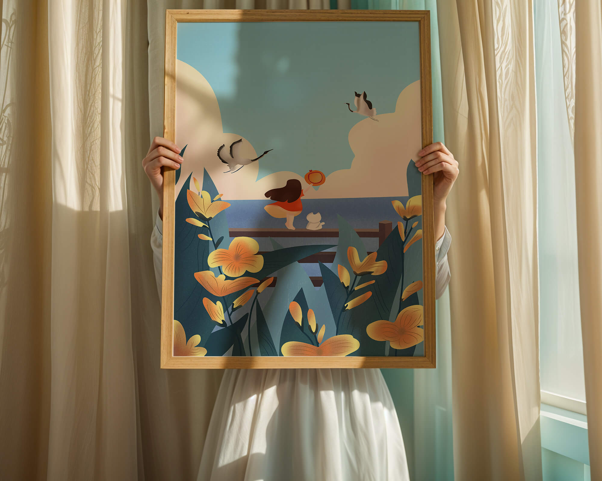 Serene seaside scene with girl, cat, and birds in nature