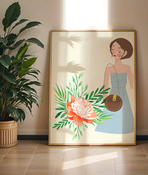 Ilustración de una mujer en vestido azul con diseño floral