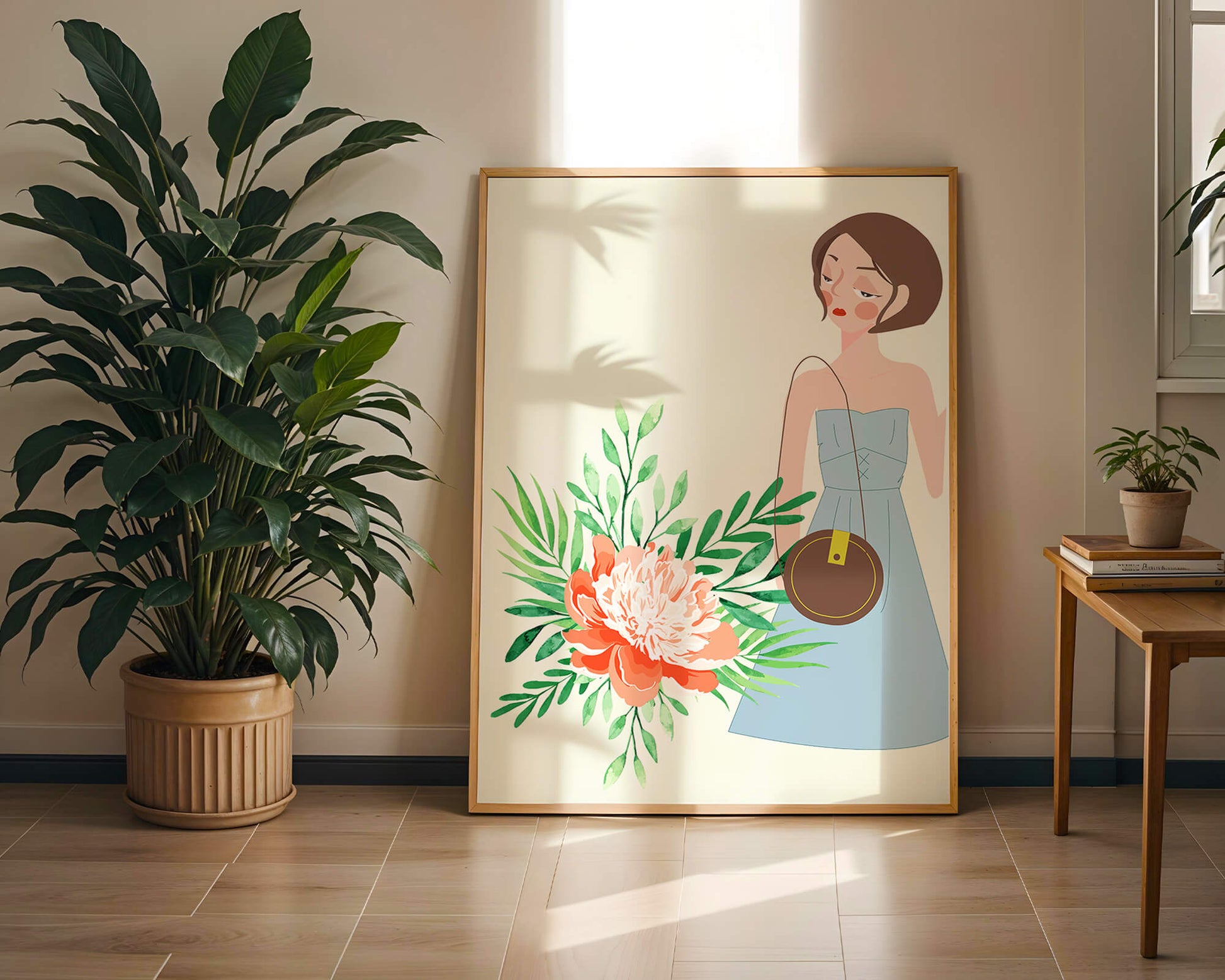 Ilustración de una mujer en vestido azul con diseño floral