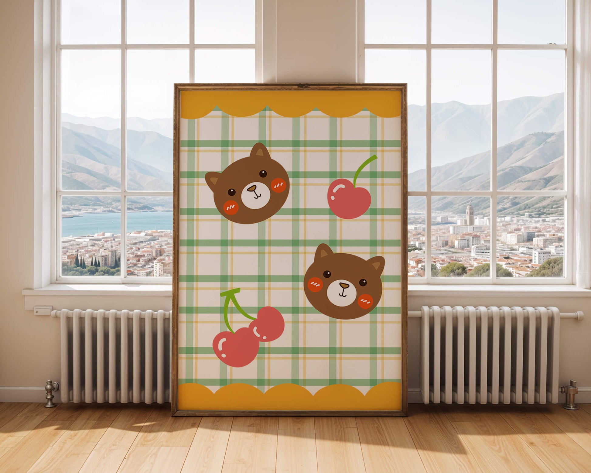 Playful bear and cherry pattern with plaid background
