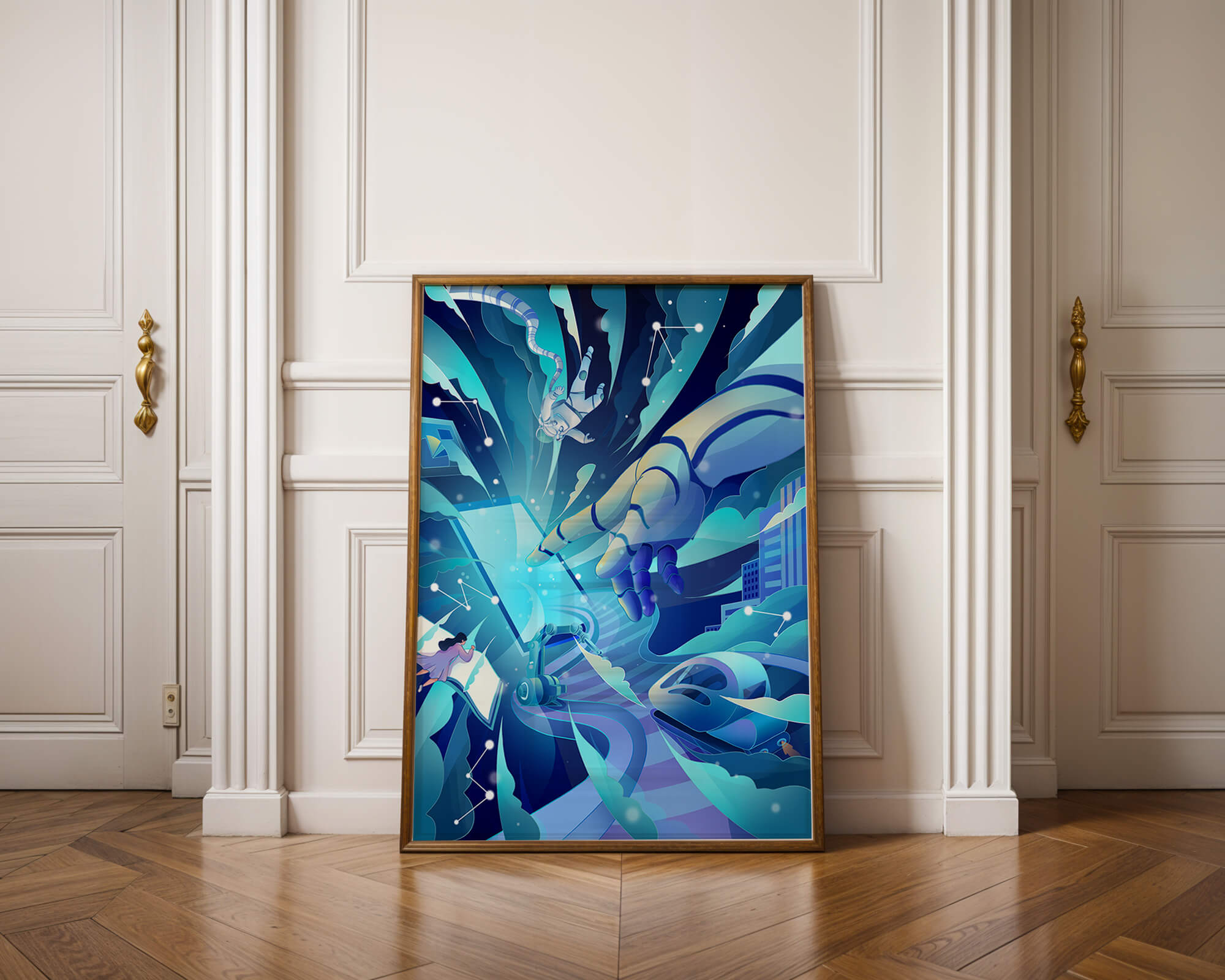 Futuristic digital artwork featuring astronaut and robotic hand in vibrant blue tones