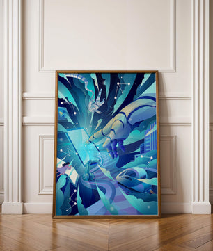 Futuristische digitale Kunst mit Astronaut und Roboterhand in lebhaften Blautönen