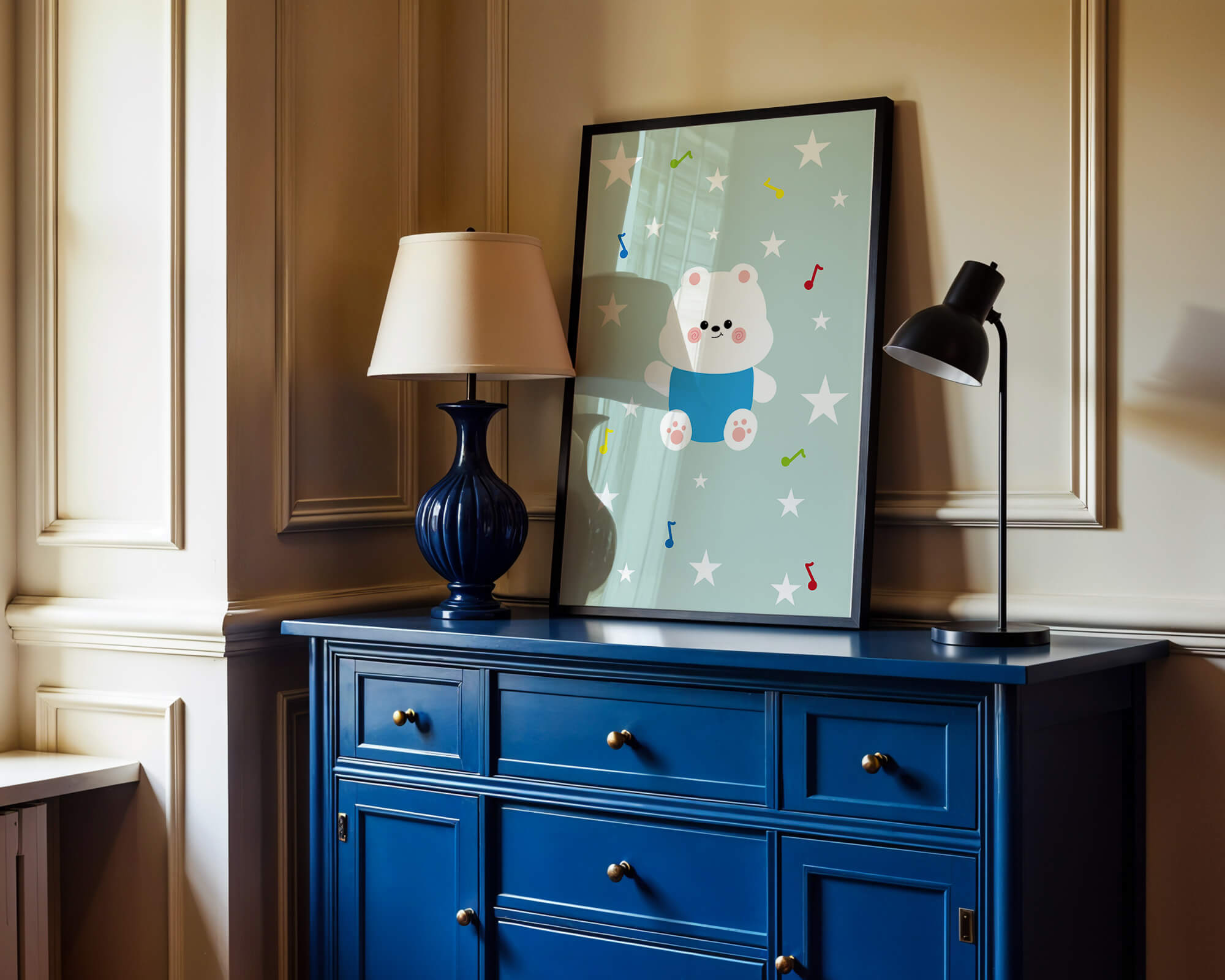 Playful bear illustration with musical notes and stars