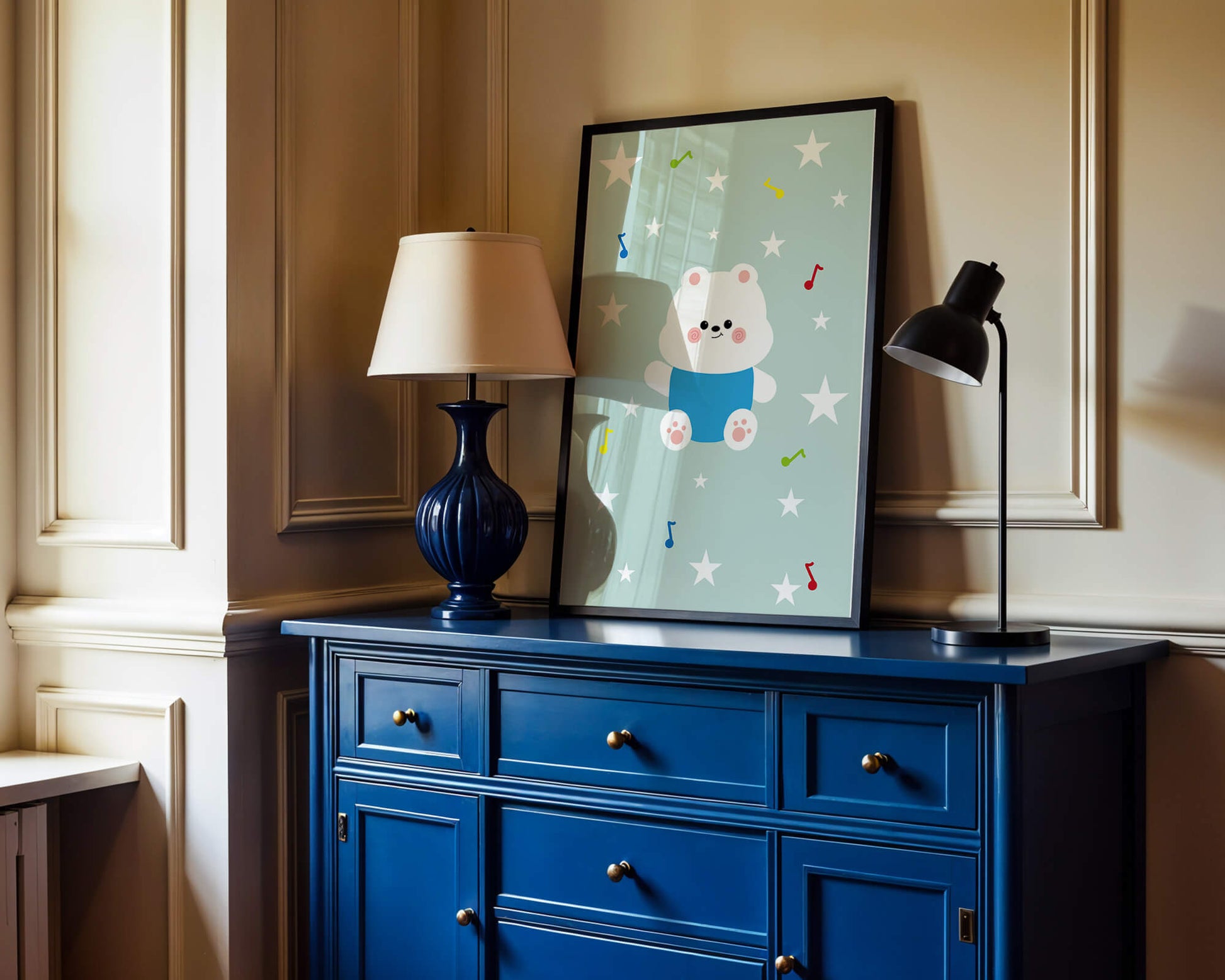 Playful bear illustration with musical notes and stars