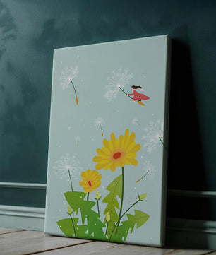 Whimsical illustration of a girl flying with dandelions in a colorful floral scene