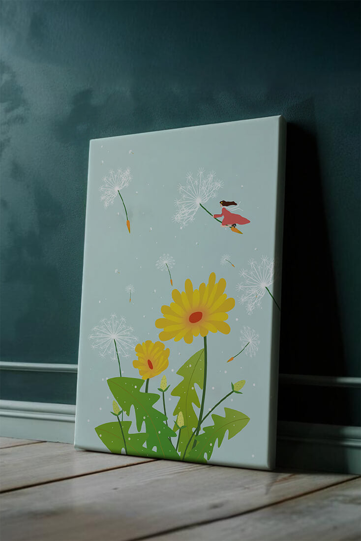 Whimsical illustration of a girl flying with dandelions in a colorful floral scene