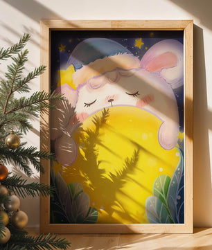 Sleepy rabbit with starry hat holding a glowing ball in a dreamy night scene