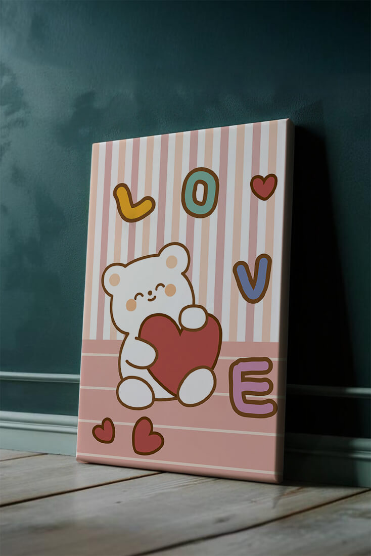 Adorable bear holding a heart in a playful love-themed illustration