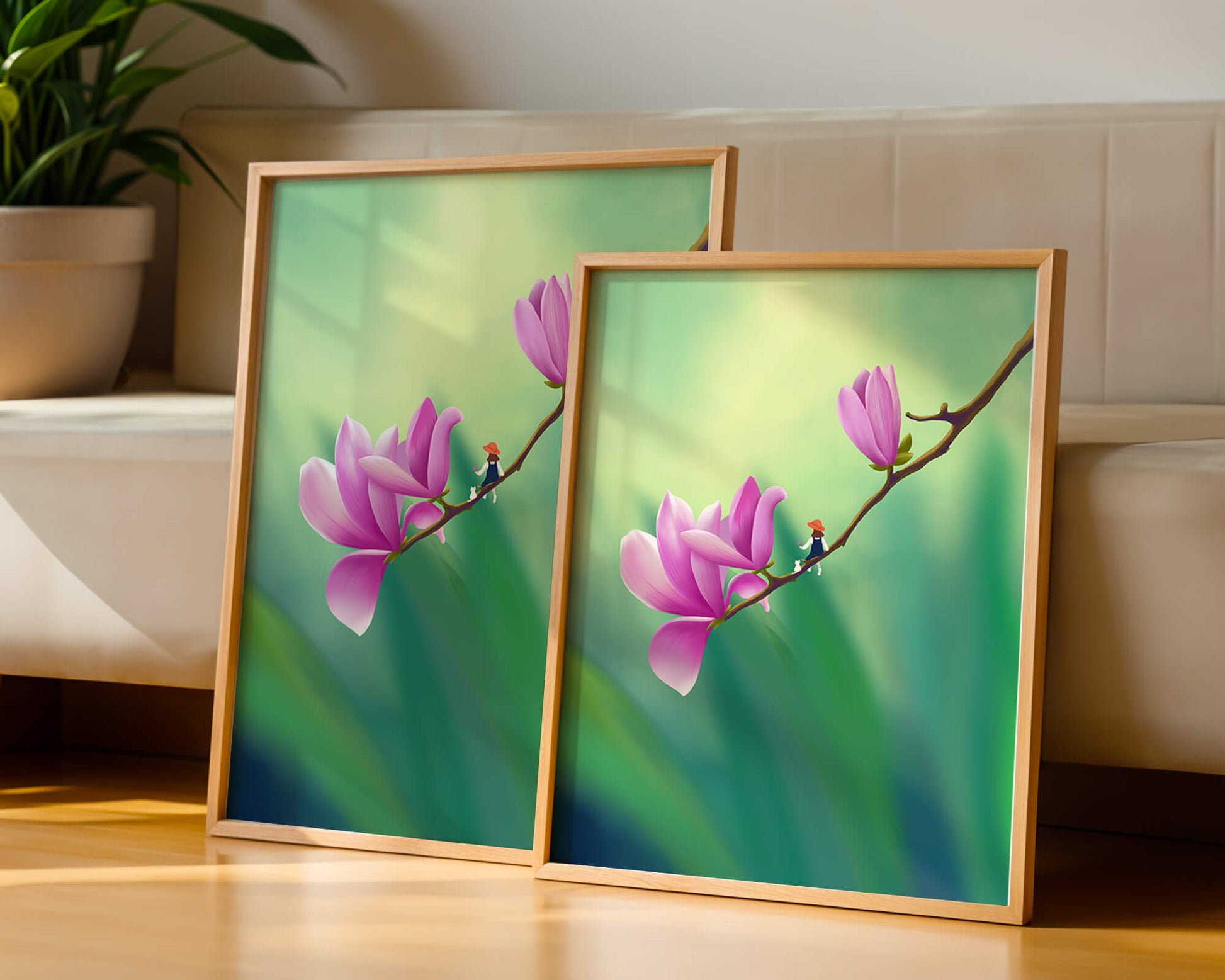 Serene illustration of magnolia flowers with a small figure in a hat