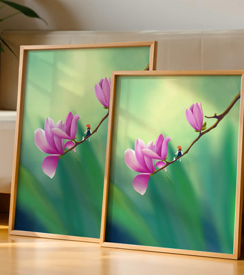 Serene illustration of magnolia flowers with a small figure in a hat