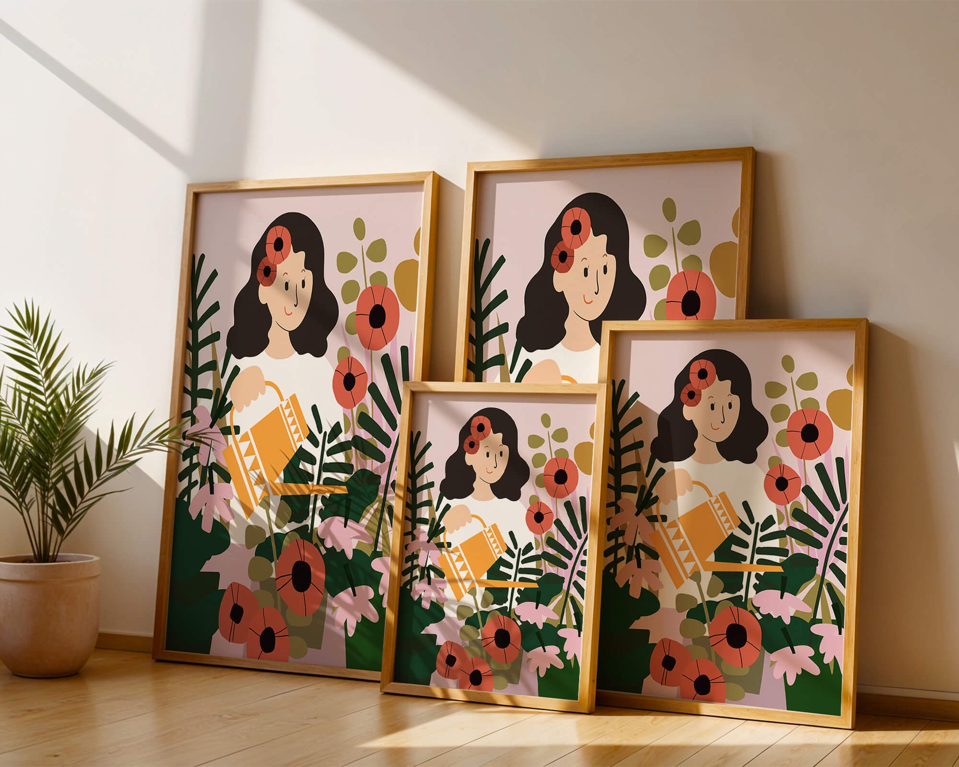 Woman watering plants surrounded by vibrant flowers and greenery