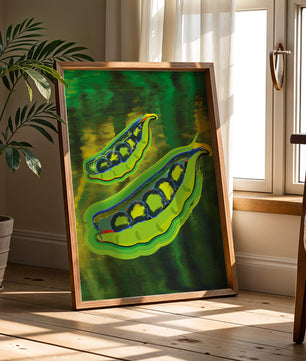 Ilustración abstracta de guisantes verdes coloridos con fondo vibrante
