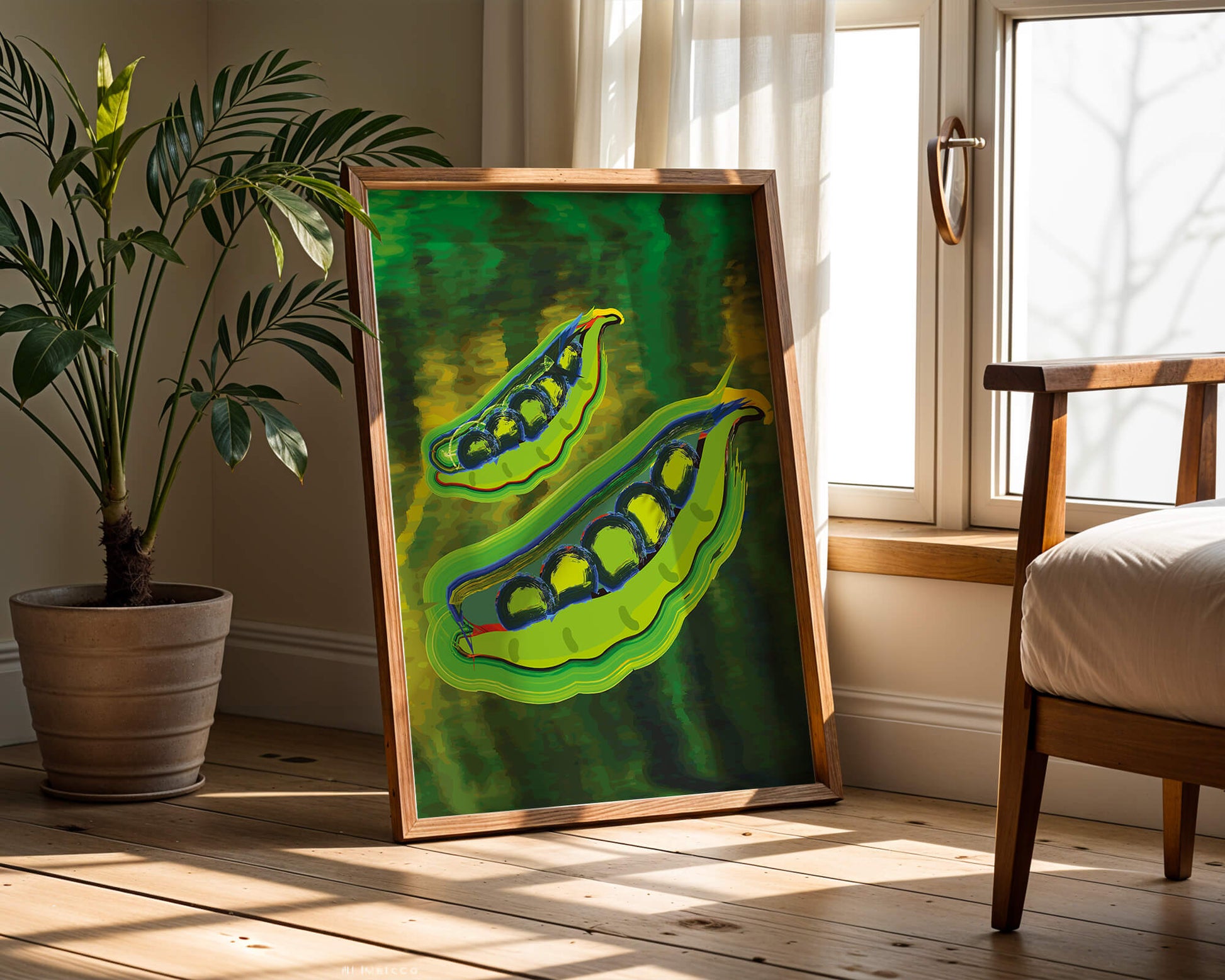 Ilustración abstracta de guisantes verdes coloridos con fondo vibrante