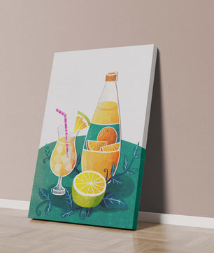 Ilustración colorida de bebidas cítricas con botella y vaso