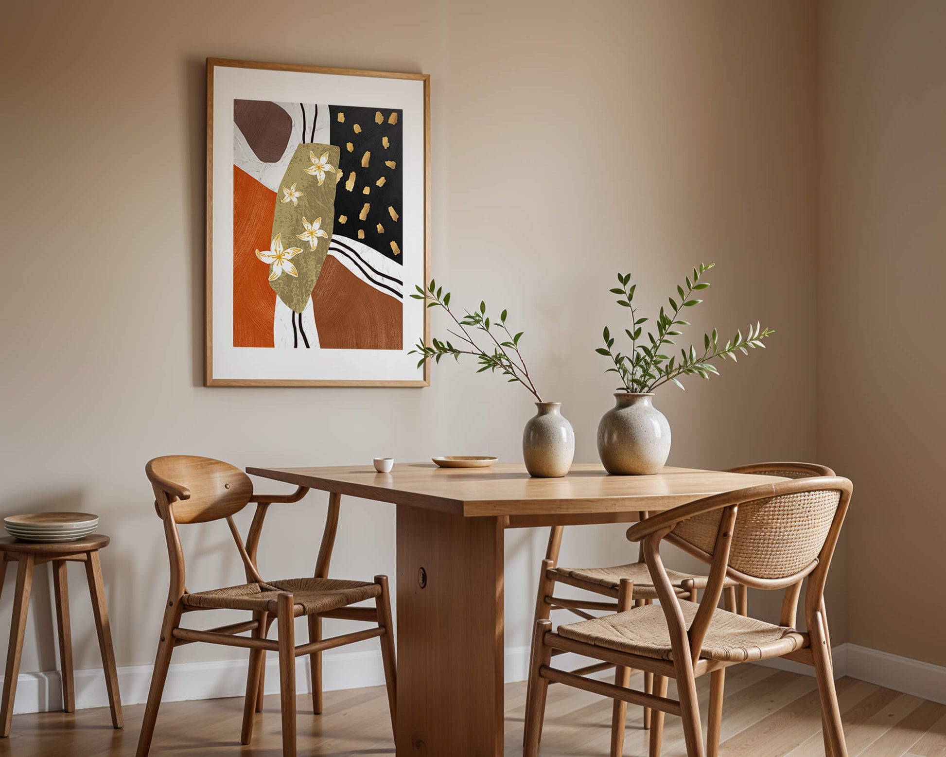 Abstract floral artwork with gold accents and earthy tones