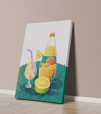 Colorful illustration of citrus drinks with bottle and glass