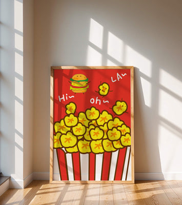 Playful illustration of popcorn and burger characters on a red background
