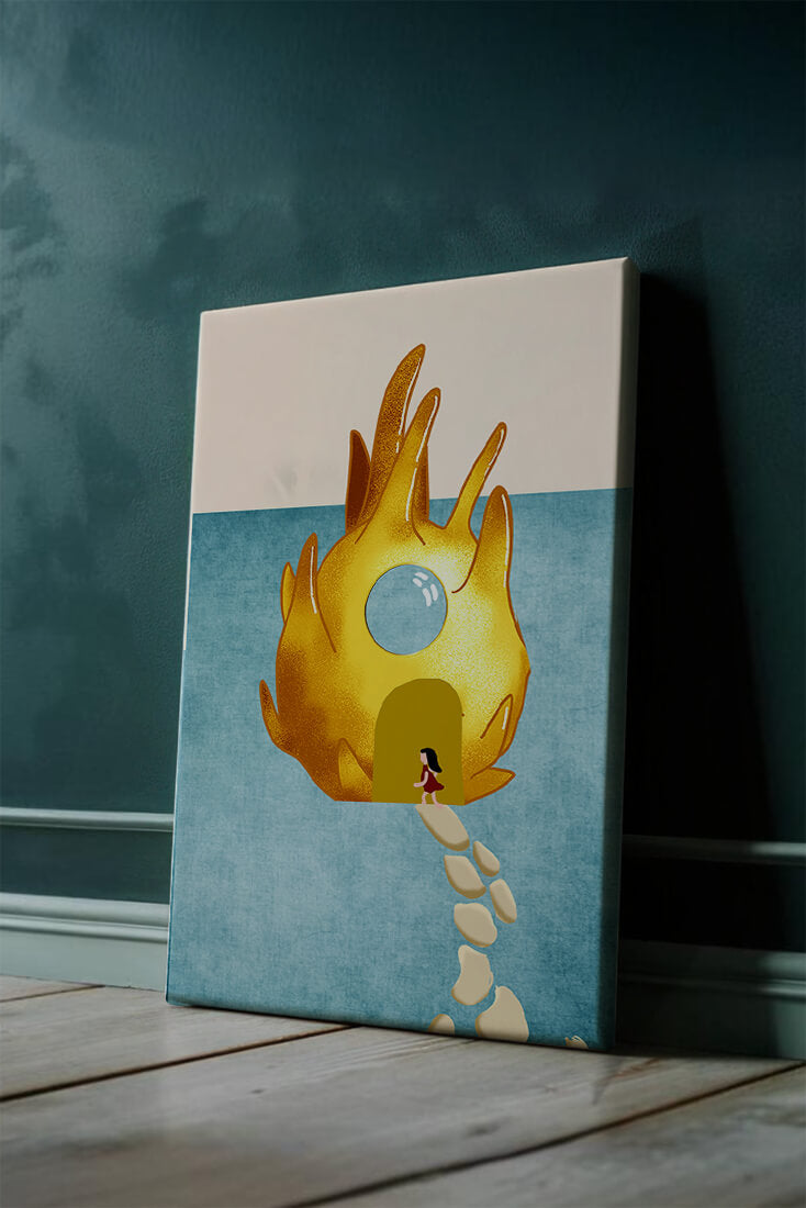 Enchanted House With Golden Flame Shape On Light Blue Background