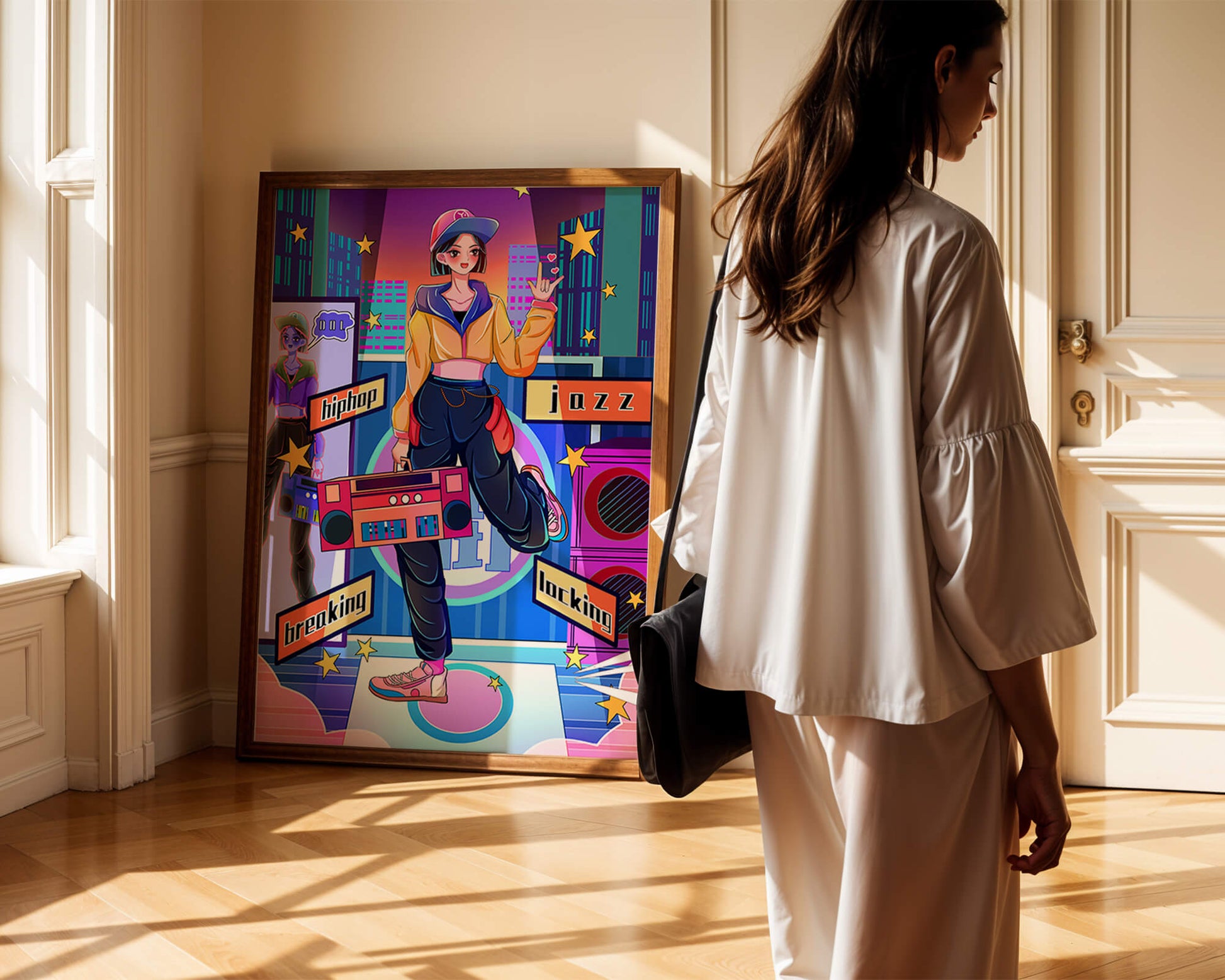 Colorful urban dance scene with hip hop and jazz elements