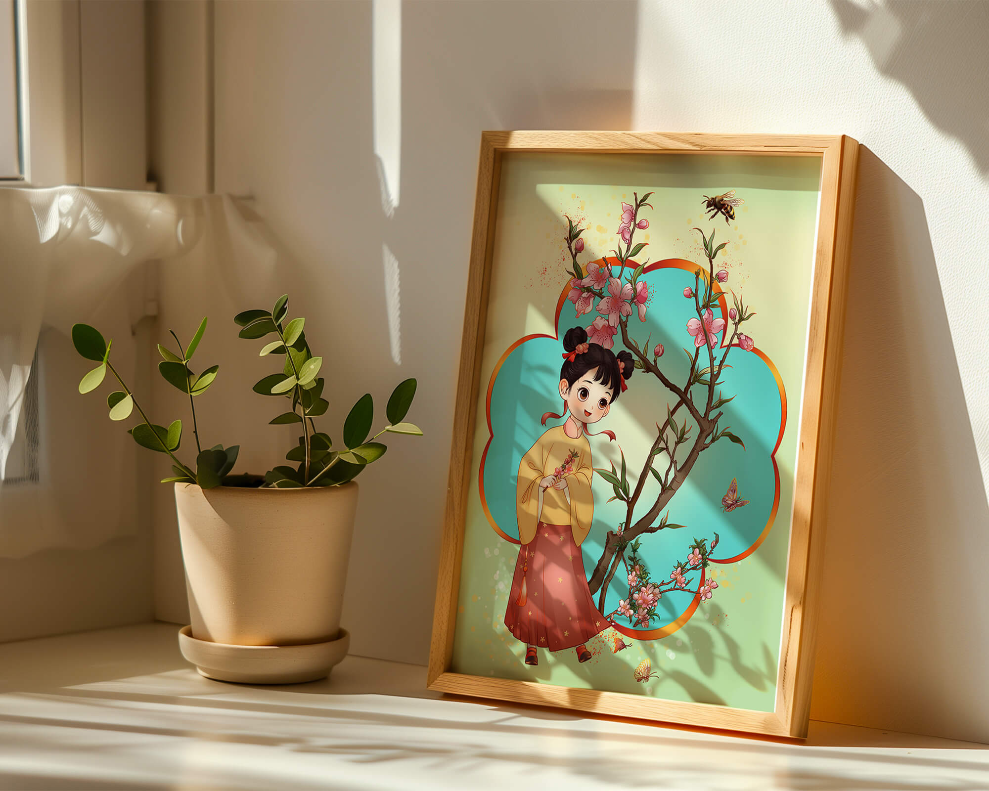 Illustration of a girl with cherry blossoms and butterflies