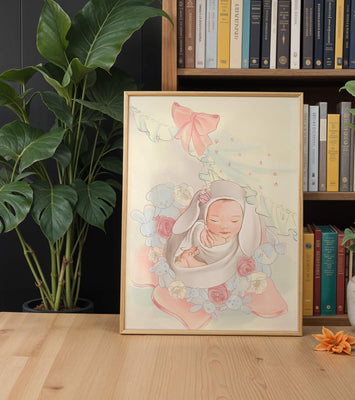 Sweet sleeping baby surrounded by soft pastel decorations