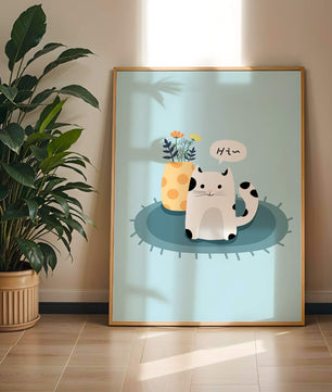 Cute illustration of a cat and flowers on a rug with a speech bubble