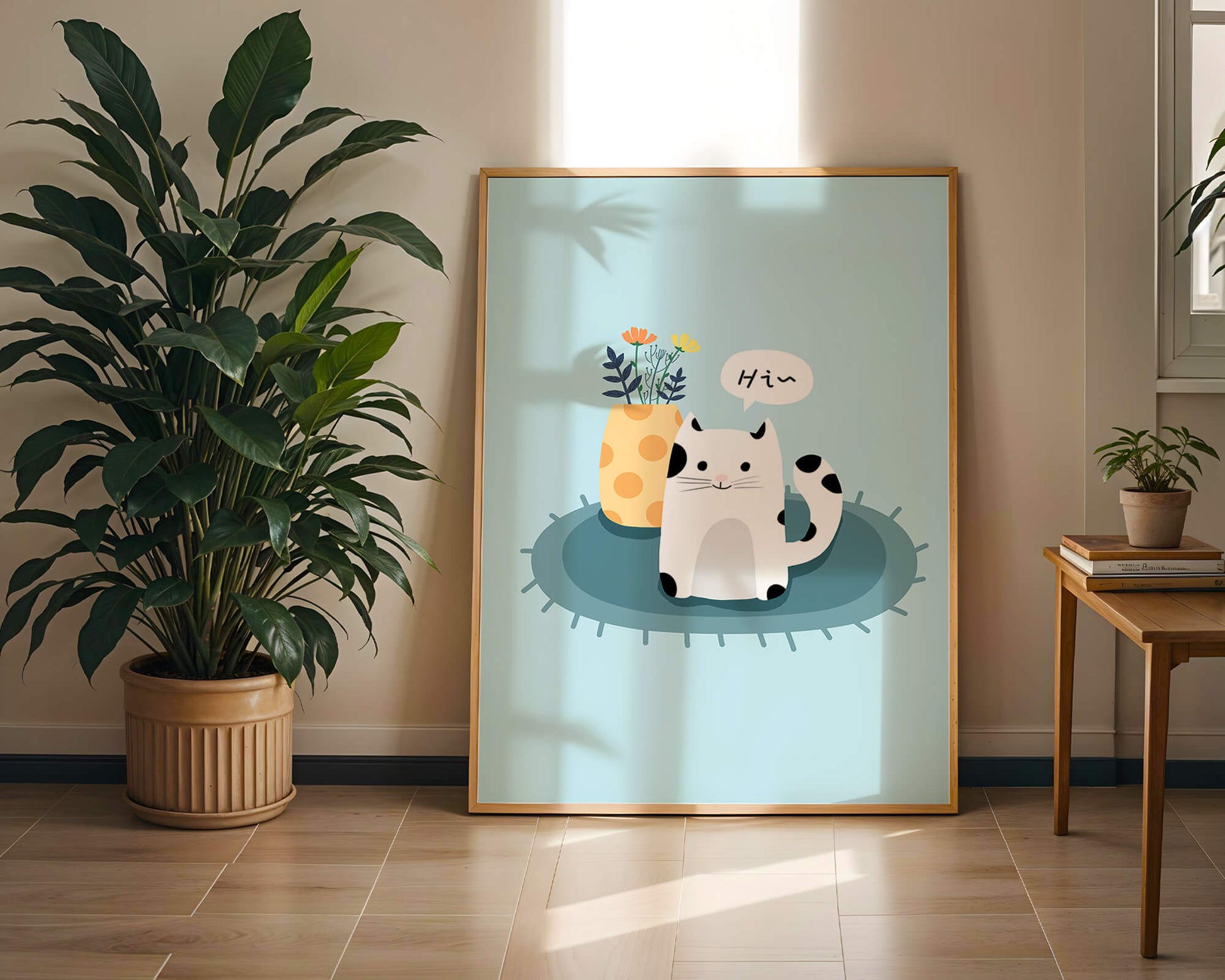Cute illustration of a cat and flowers on a rug with a speech bubble