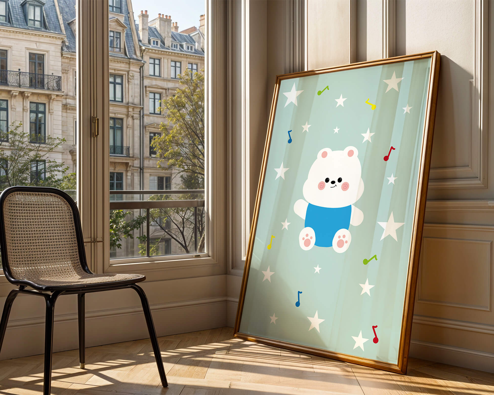 Playful bear illustration with musical notes and stars